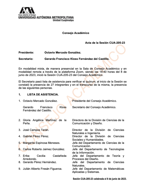 Acta de la sesión CUA-205-23