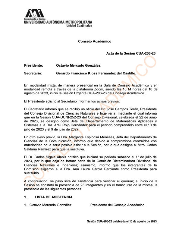 Acta de la sesión CUA-206-23