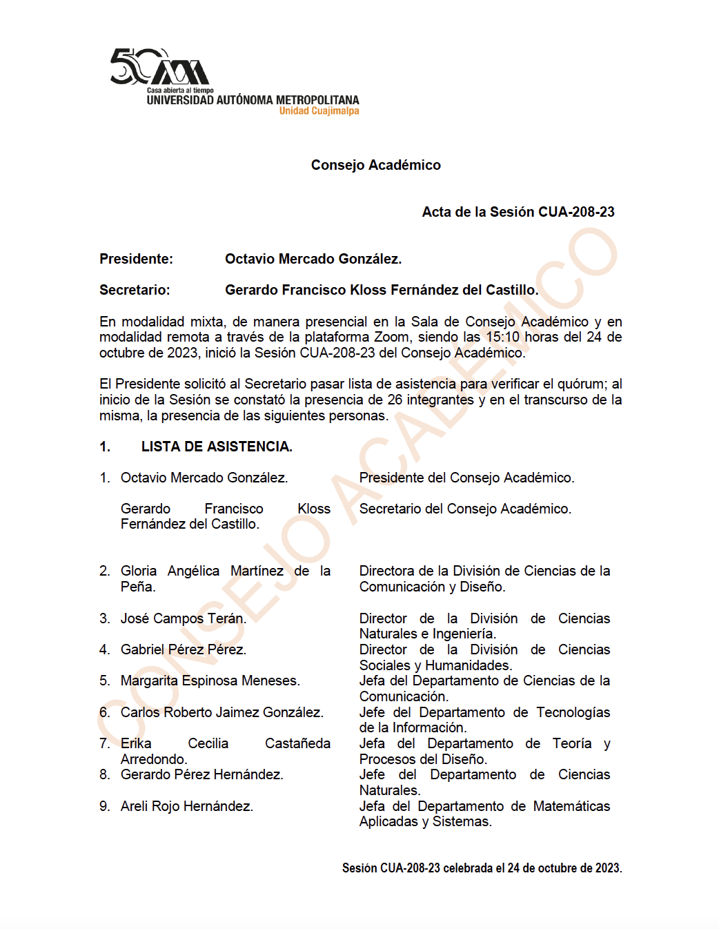 Acta de la sesión CUA-208-23