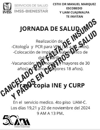 Jornada de salud cancelada